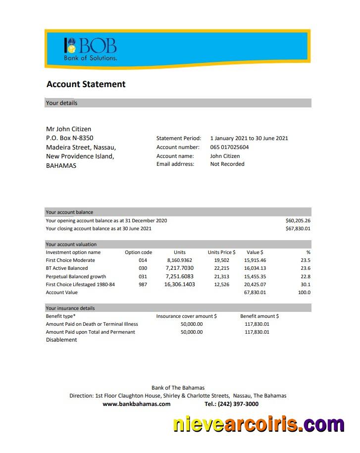 Bahamas Bank of the Bahamas bank statement easy to fill in .xls and .pdf file format